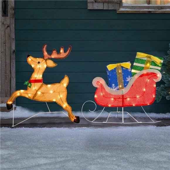 Christmas Outdoor Decoration Pre-Lit Lighted 2D Santa Sleigh Reindeer w - Picture 4 of 6